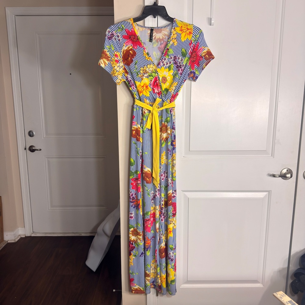 Me 2 Magic Floral Stripe Wide Leg Jumpsuit Short Sleeve Tie Waist Blue Yellow M